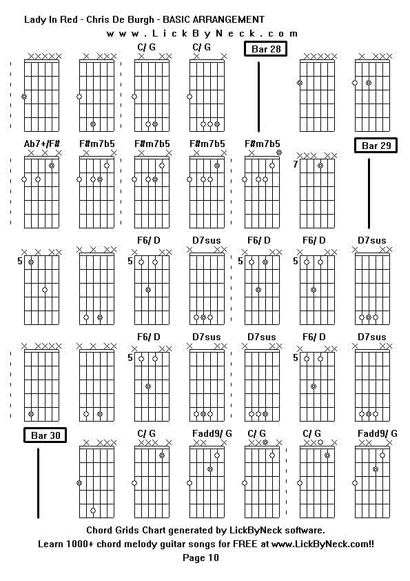 Chord Grids Chart of chord melody fingerstyle guitar song-Lady In Red - Chris De Burgh - BASIC ARRANGEMENT,generated by LickByNeck software.